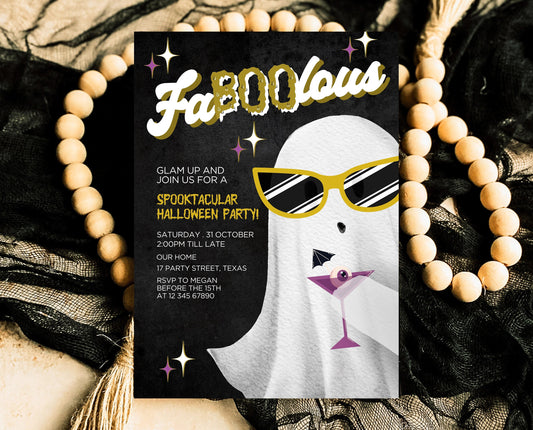 Editable FaBOOlous Girls Night Halloween Invitation Template, Ghosts And Cocktails Invitation, Spooky Party Invitation Printable