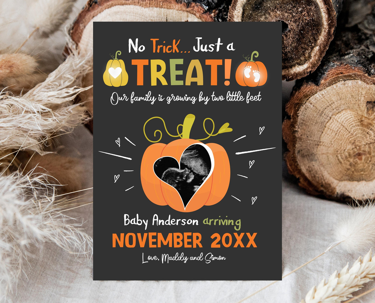 Pumpkin Pregnancy Announcement Template, Ultrasound Halloween Announcement, Trick or Treat Little Feet, Thanksgiving Fall Autumn Pregnancy