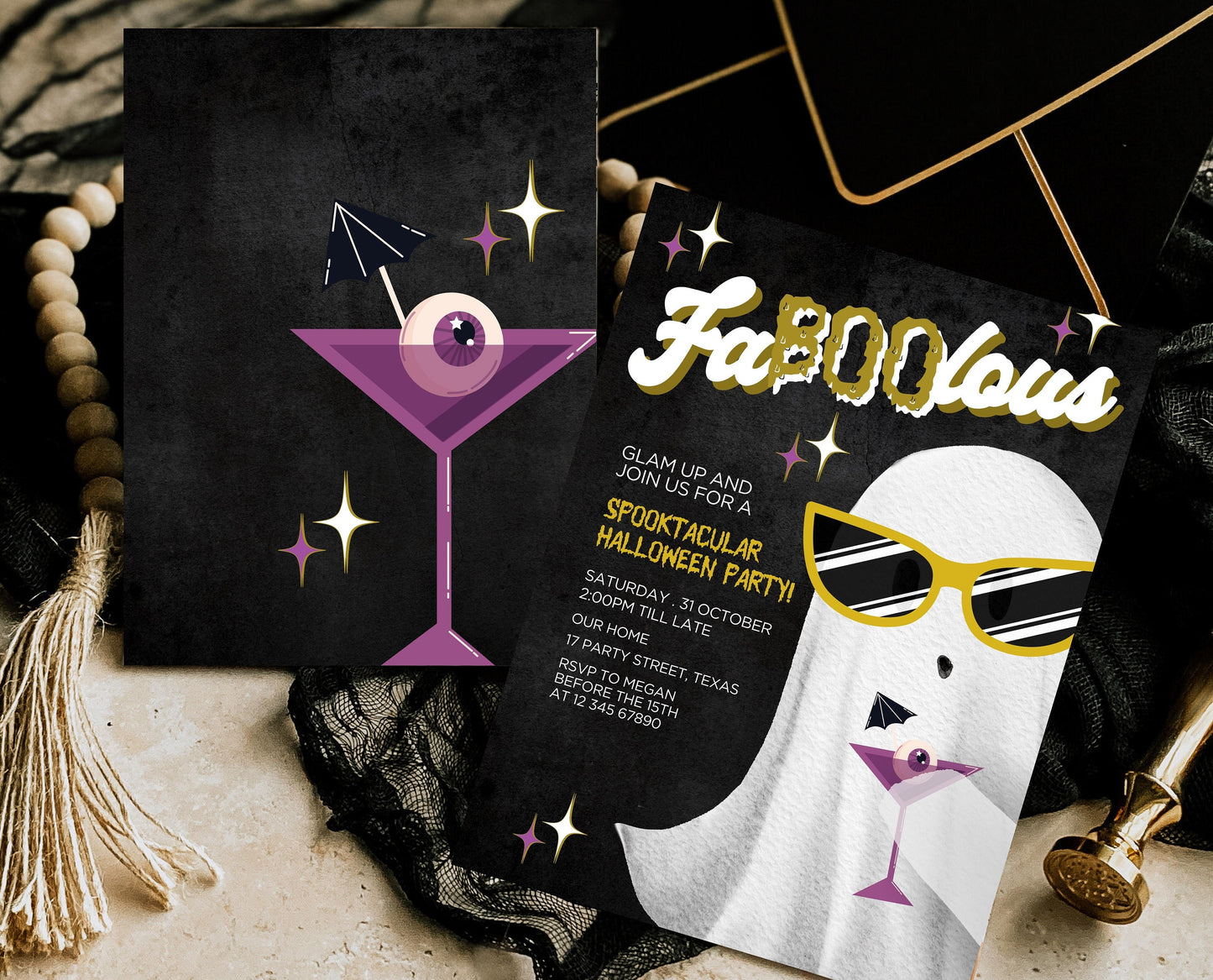 Editable FaBOOlous Girls Night Halloween Invitation Template, Ghosts And Cocktails Invitation, Spooky Party Invitation Printable