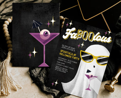 Editable FaBOOlous Girls Night Halloween Invitation Template, Ghosts And Cocktails Invitation, Spooky Party Invitation Printable