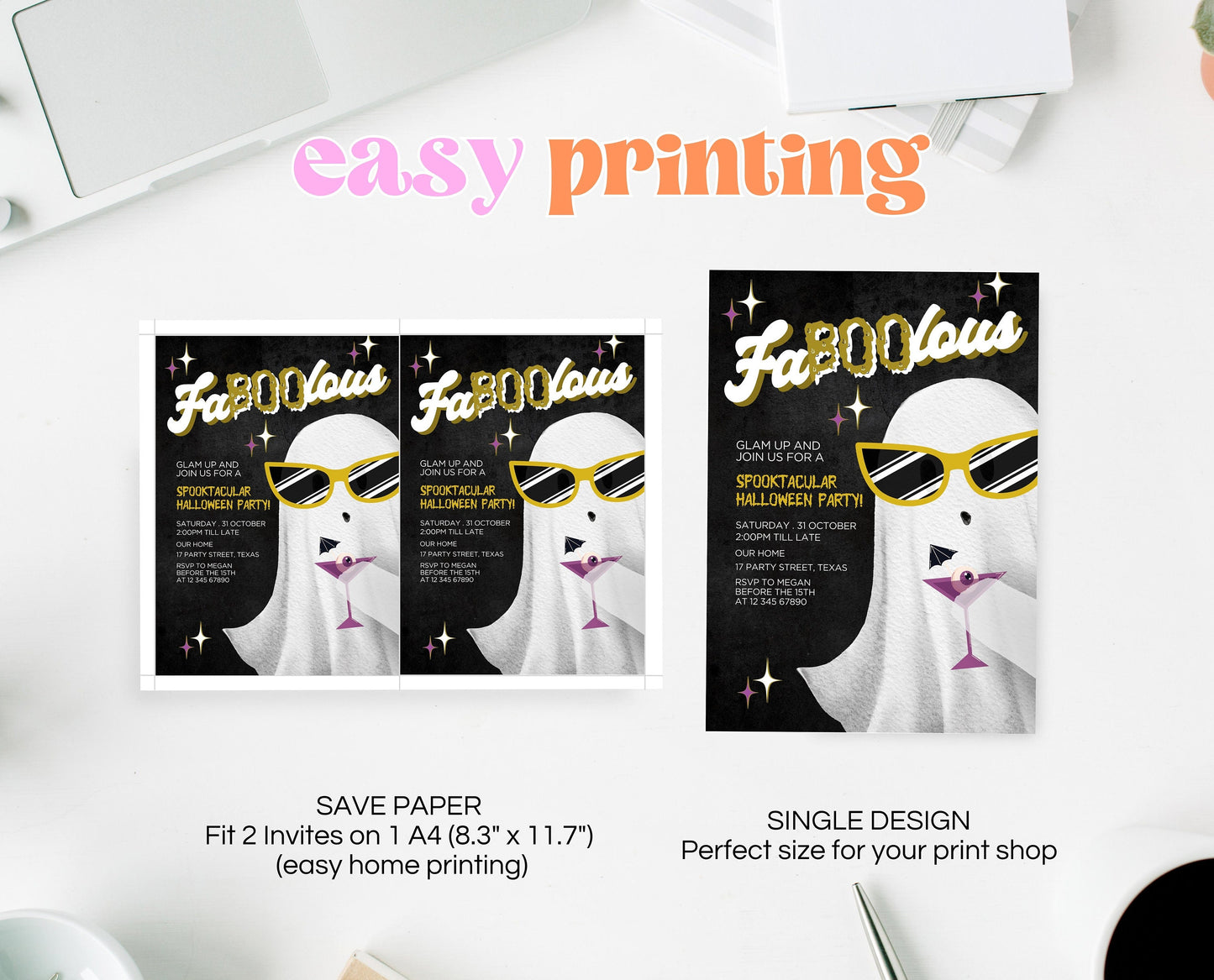 Editable FaBOOlous Girls Night Halloween Invitation Template, Ghosts And Cocktails Invitation, Spooky Party Invitation Printable