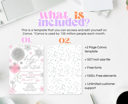 Editable Christmas Pink Balloons Baby Shower Invitation, Winter Baby Shower Invite, Girl Blush Pink Invite, Baby It's Cold Outside Invite