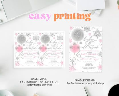 Editable Christmas Pink Balloons Baby Shower Invitation, Winter Baby Shower Invite, Girl Blush Pink Invite, Baby It's Cold Outside Invite