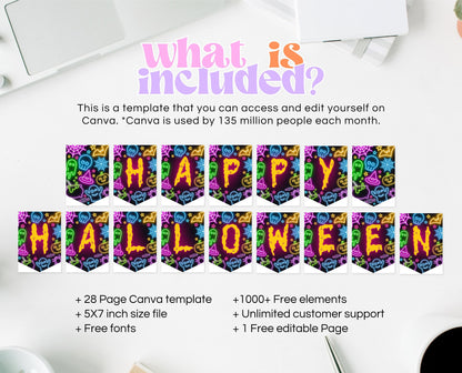 Neon Happy Halloween Banner, Printable Neon Halloween Banner, Happy Halloween Banner, Neon Halloween Party Decorations
