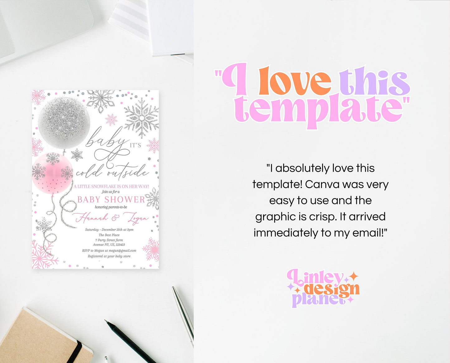 Editable Christmas Pink Balloons Baby Shower Invitation, Winter Baby Shower Invite, Girl Blush Pink Invite, Baby It's Cold Outside Invite