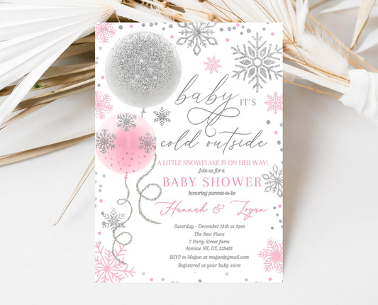 Editable Christmas Pink Balloons Baby Shower Invitation, Winter Baby Shower Invite, Girl Blush Pink Invite, Baby It's Cold Outside Invite