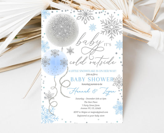 Editable Christmas Blue Balloons Baby Shower Invitation, Winter Baby Shower Invite, Boy Baby Shower Invite, Baby It's Cold Outside Invite