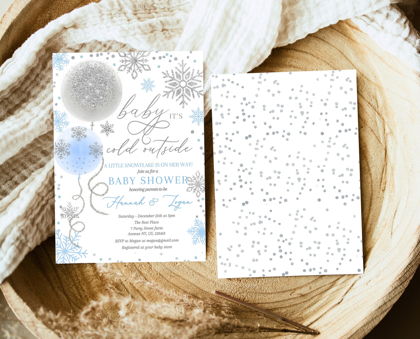 Editable Christmas Blue Balloons Baby Shower Invitation, Winter Baby Shower Invite, Boy Baby Shower Invite, Baby It's Cold Outside Invite