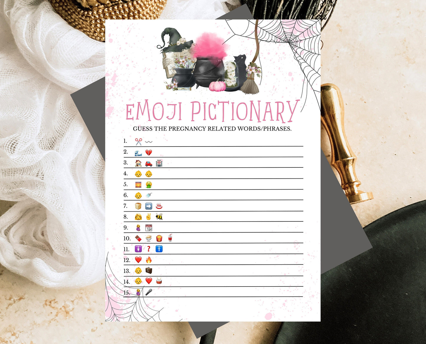 Pink Witch Baby Shower Emoji Pictionary Game, Printable Witch Baby Shower Game, Editable A Baby Girl Is Brewing Emoji Pictionary Game