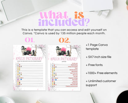 Pink Witch Baby Shower Emoji Pictionary Game, Printable Witch Baby Shower Game, Editable A Baby Girl Is Brewing Emoji Pictionary Game