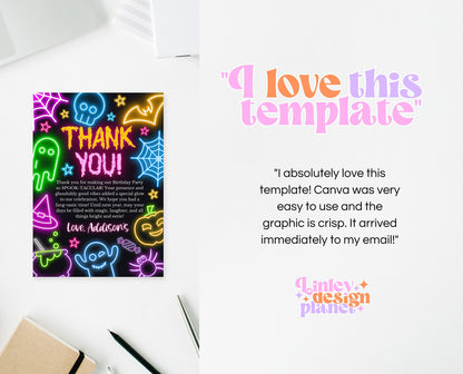 Neon Halloween Birthday Thank You Card Template, Spooky Halloween Favors, Printable Neon Halloween Birthday Decor, Neon Halloween, NHBP01