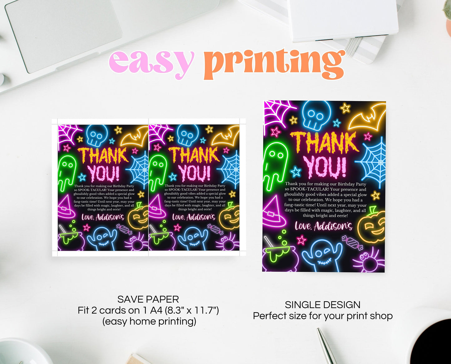 Neon Halloween Birthday Thank You Card Template, Spooky Halloween Favors, Printable Neon Halloween Birthday Decor, Neon Halloween, NHBP01