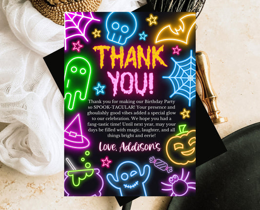 Neon Halloween Birthday Thank You Card Template, Spooky Halloween Favors, Printable Neon Halloween Birthday Decor, Neon Halloween, NHBP01