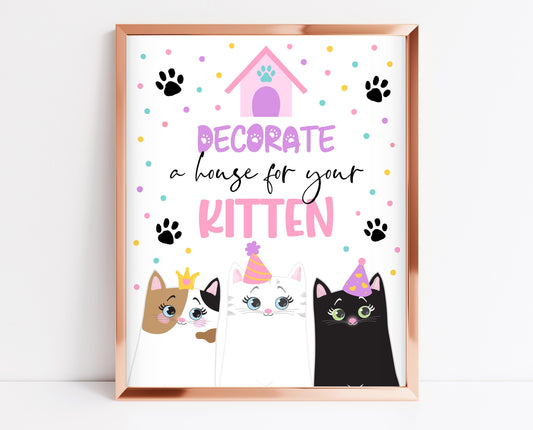 Decorate A House Sign Kitten Birthday, Cat Birthday Signs, Kitten Birthday Activity, Birthday Kitten Sign, Printable Cat Party Sign, KGBP01