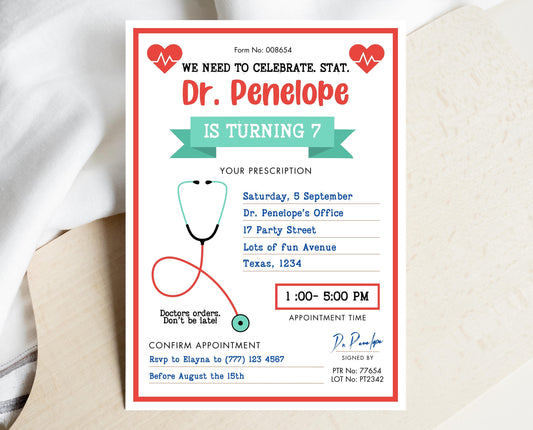 Editable Kids Medical Birthday Invitation, Kids Doctor Invite, Kids Nurse Themed Birthday Invitation, Prescription Birthday Invitation