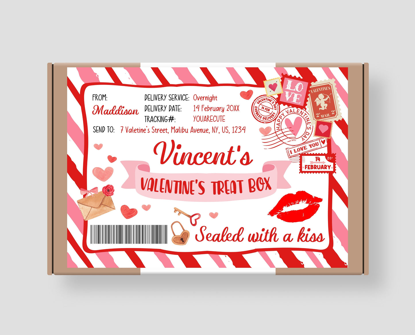 Editable Valentines Day Gift Box Label, Personalized Valentine Treat Box Label, Valentines Gift Label Printable Template