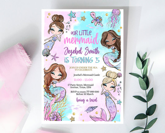 Editable Mermaid Birthday Invitation, Pink Mermaid Invite, Under the Sea Birthday Invitation, Printable Mermaid Invite, Mermaid Invite