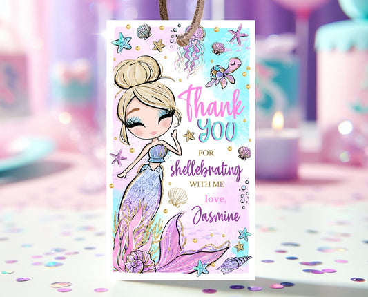 Editable Mermaid Birthday Favor Tag, Mermaid Birthday Thank You Tags, Glitter Mermaid Birthday Table Decor, Under The Sea Party Decor