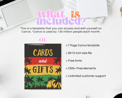 Cards And Gifts Sign Reggae Birthday, Reggae 1st Birthday Sign, Jamaican Theme Birthday Sign, Reggae Theme Sign Template, Reggae Sign