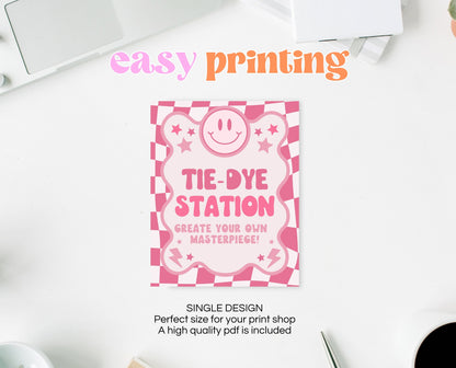 Tie-Dye Station Sign Retro Smiley Birthday, Preppy Smile Theme Sign Template, Pink Checkered Birthday, Teen Girl Party, Wavy Retro Sign