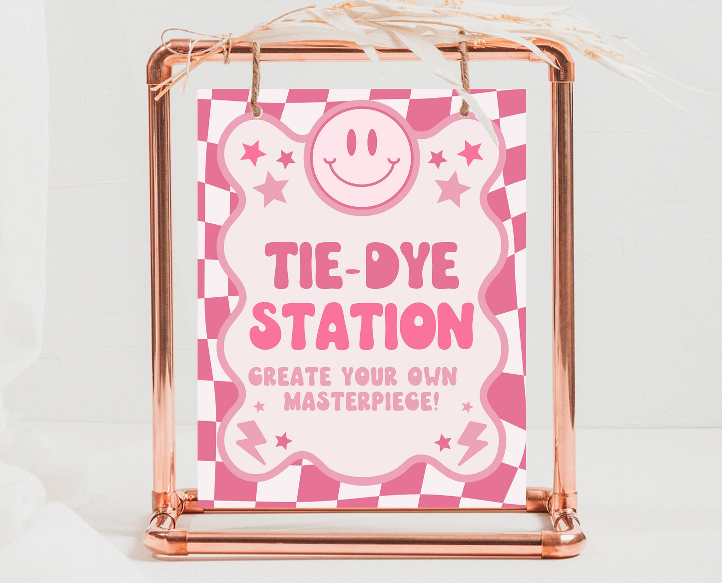 Tie-Dye Station Sign Retro Smiley Birthday, Preppy Smile Theme Sign Template, Pink Checkered Birthday, Teen Girl Party, Wavy Retro Sign