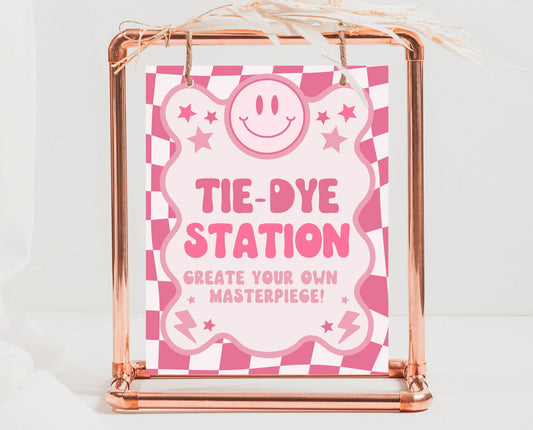 Tie-Dye Station Sign Retro Smiley Birthday, Preppy Smile Theme Sign Template, Pink Checkered Birthday, Teen Girl Party, Wavy Retro Sign