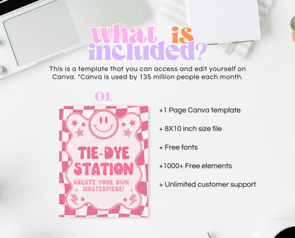 Tie-Dye Station Sign Retro Smiley Birthday, Preppy Smile Theme Sign Template, Pink Checkered Birthday, Teen Girl Party, Wavy Retro Sign