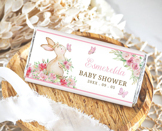 Editable A Little Bunny Baby Shower Chocolate Wrapper, Floral Rabbit Baby Shower Favors, Girl Bunny Shower Theme, Bunny Roses Theme