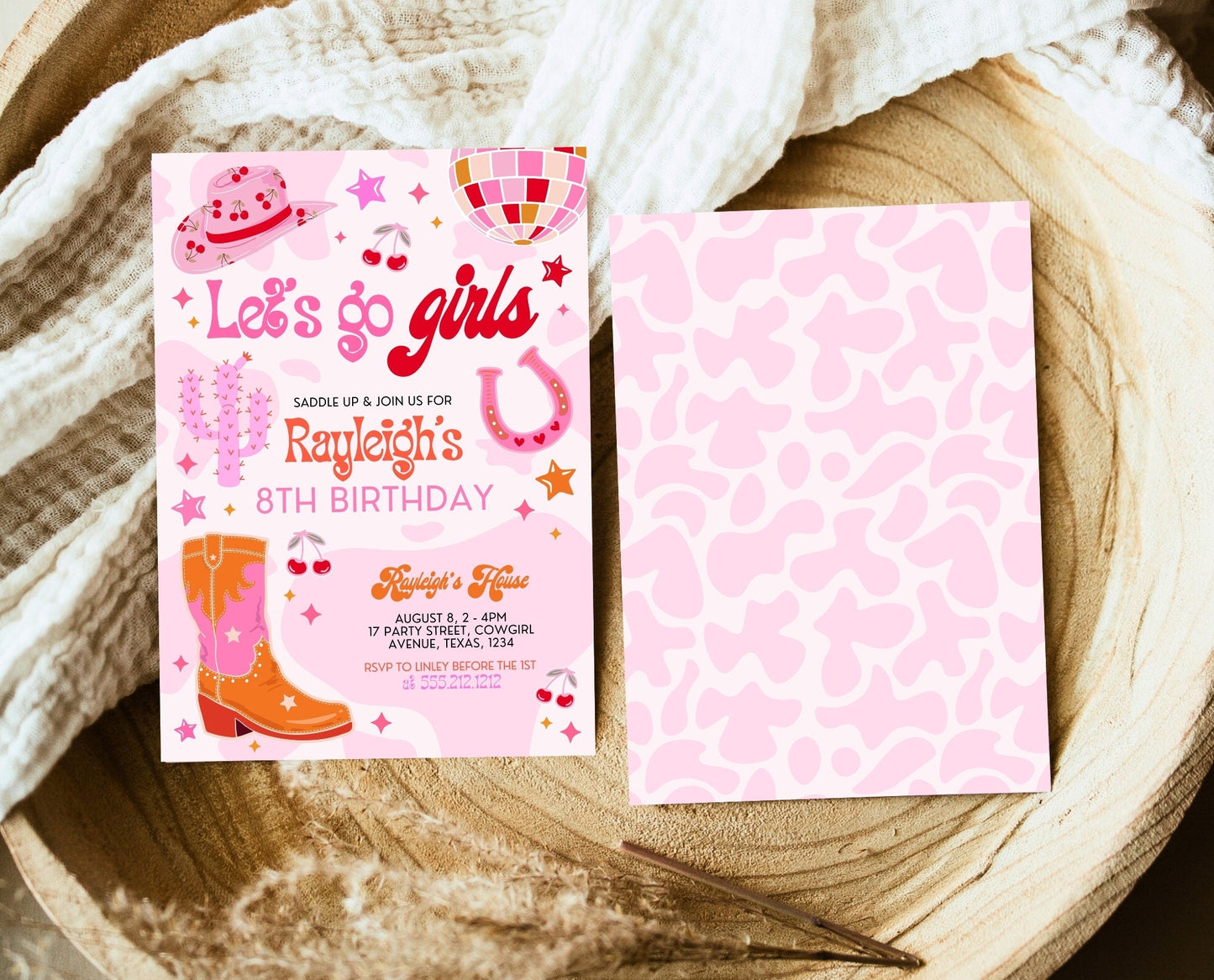 Editable Retro Cowgirl Birthday Party Invitation, Pink Disco Cowgirl Invitation, Girl Rodeo Birthday Invitation, Pink Rodeo Invite DCBP02