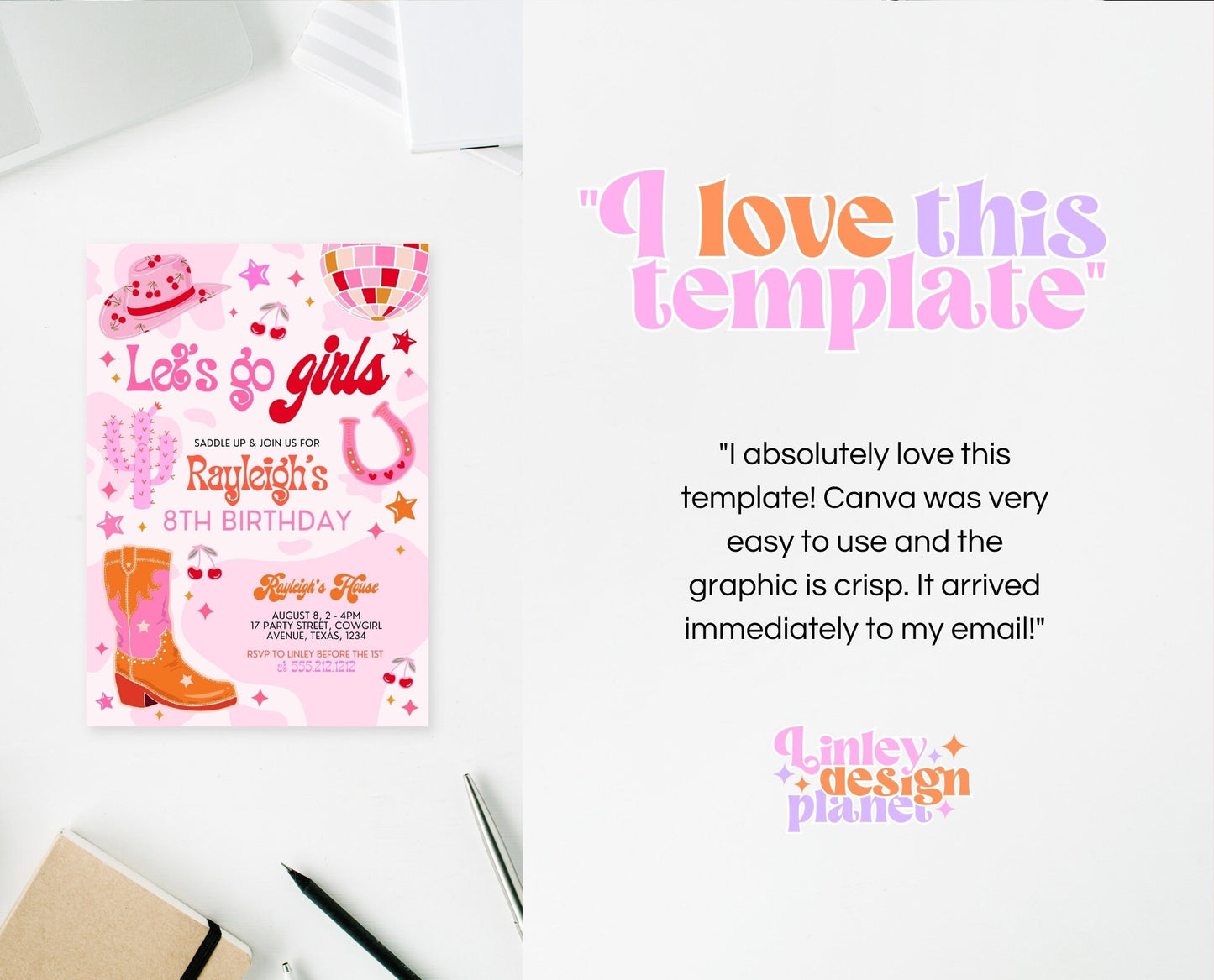 Editable Retro Cowgirl Birthday Party Invitation, Pink Disco Cowgirl Invitation, Girl Rodeo Birthday Invitation, Pink Rodeo Invite DCBP02