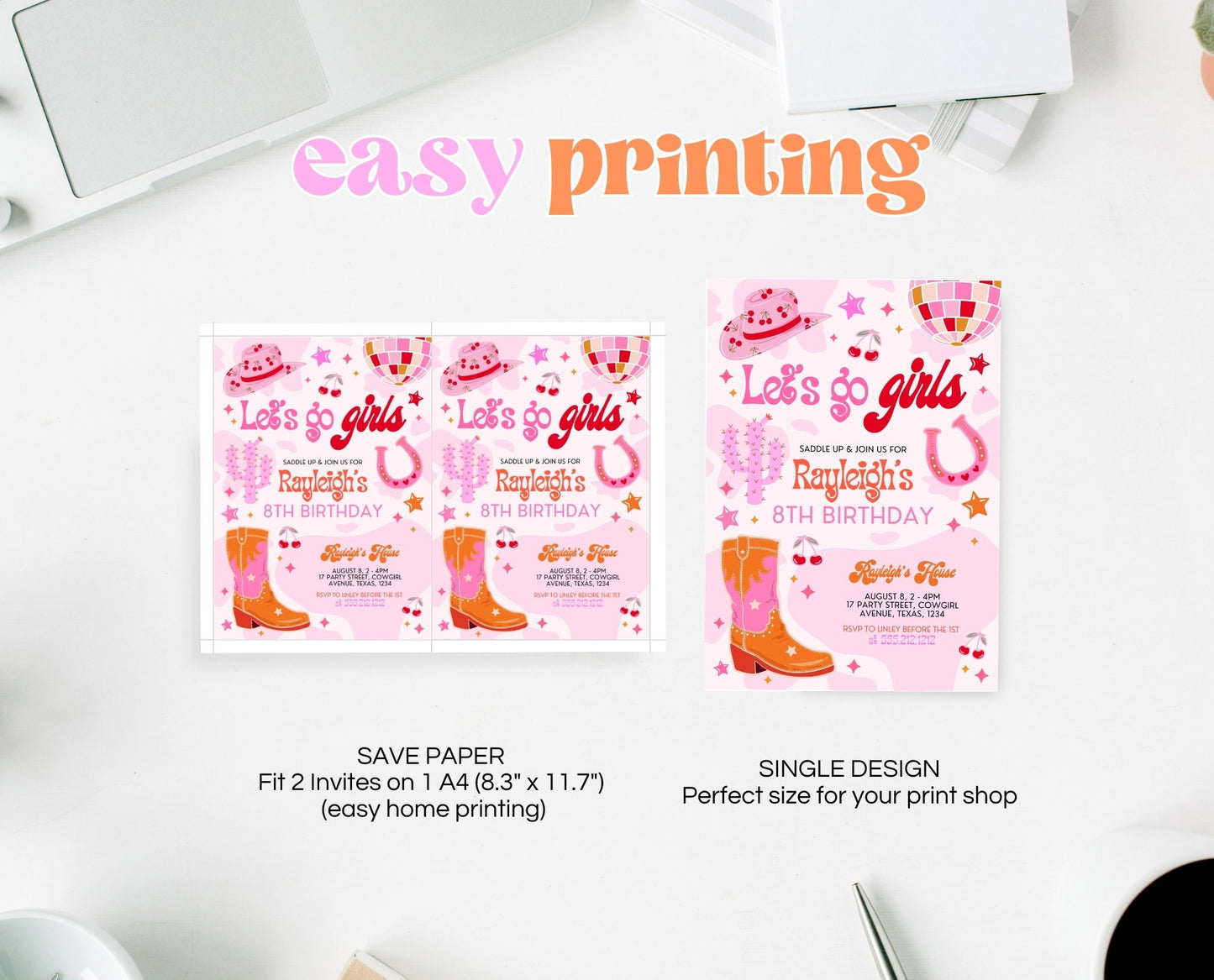 Editable Retro Cowgirl Birthday Party Invitation, Pink Disco Cowgirl Invitation, Girl Rodeo Birthday Invitation, Pink Rodeo Invite DCBP02