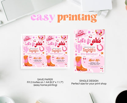 Editable Retro Cowgirl Birthday Party Invitation, Pink Disco Cowgirl Invitation, Girl Rodeo Birthday Invitation, Pink Rodeo Invite DCBP02