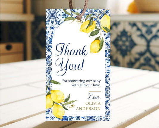 Editable Mediterranean Lemon Baby Shower Favor Tag, Blue Tiles Baby Shower, Italy Baby Shower, Navy Lemon Baby Shower Thank You Tag, MLBS01