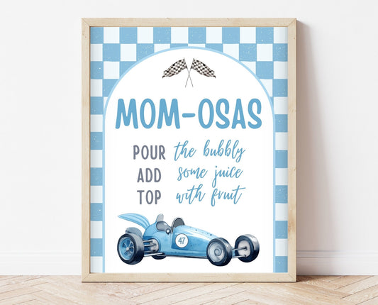Mom-osa Sign Racing Car Baby Shower, Vintage Race Car Baby Shower Mimosa Sign, Blue Racing Car Shower Decor, Boy Baby Shower, RCBS01