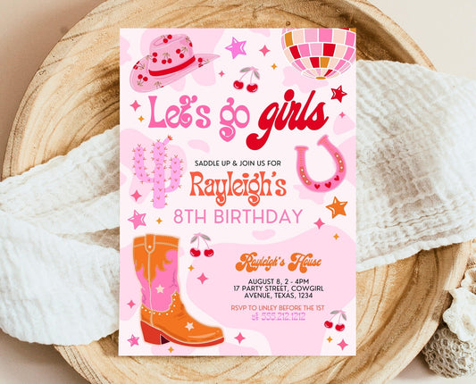 Editable Retro Cowgirl Birthday Party Invitation, Pink Disco Cowgirl Invitation, Girl Rodeo Birthday Invitation, Pink Rodeo Invite DCBP02
