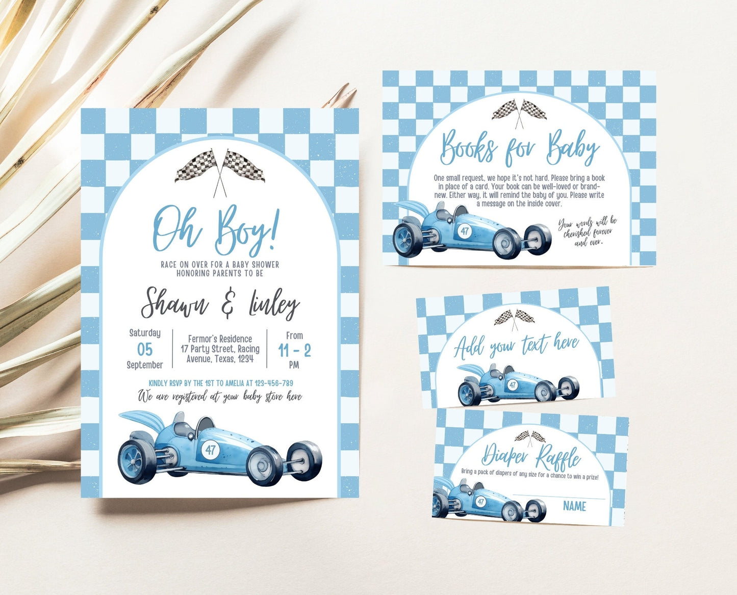 Editable Racing Car Baby Shower Invitation Bundle, Vintage Race Car Baby Shower Set, Blue Racing Car Shower Invite, Boy Baby Shower, RCBS01