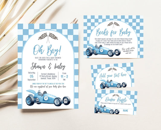 Editable Racing Car Baby Shower Invitation Bundle, Vintage Race Car Baby Shower Set, Blue Racing Car Shower Invite, Boy Baby Shower, RCBS01