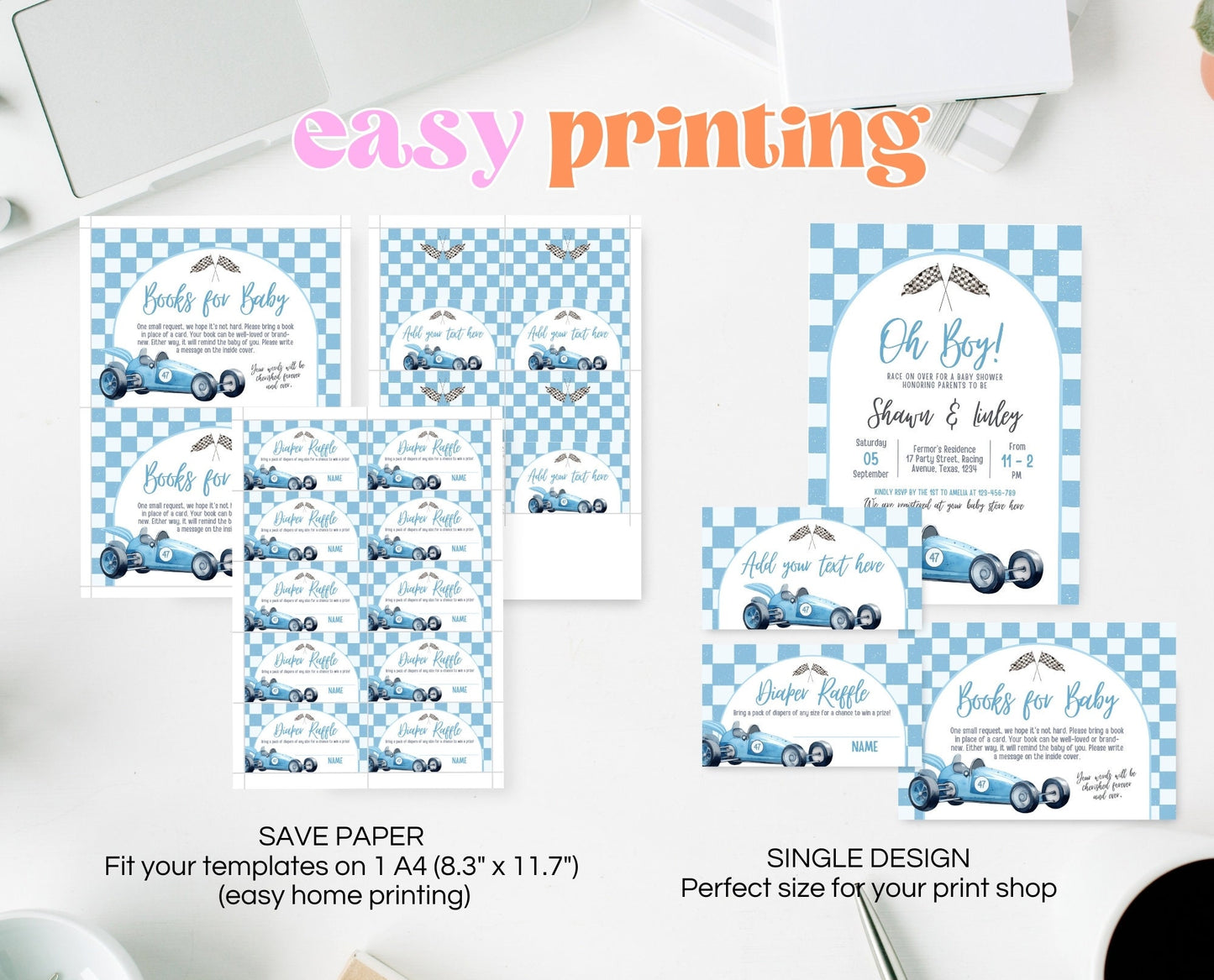Editable Racing Car Baby Shower Invitation Bundle, Vintage Race Car Baby Shower Set, Blue Racing Car Shower Invite, Boy Baby Shower, RCBS01