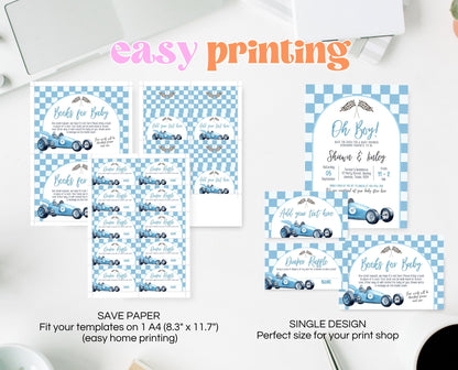 Editable Racing Car Baby Shower Invitation Bundle, Vintage Race Car Baby Shower Set, Blue Racing Car Shower Invite, Boy Baby Shower, RCBS01
