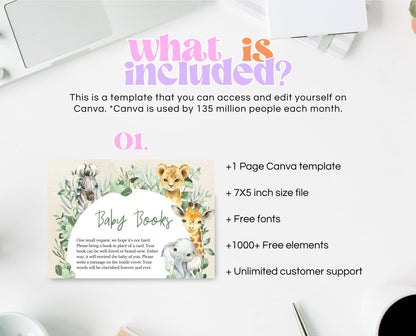 Baby Books Card A Little Wild One Safari Baby Shower, Safari Jungle Baby Shower, Greenery Safari, Animals Baby Shower, Book Insert, SGBS01