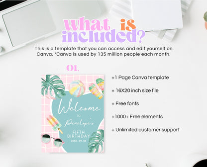 Editable Pool Party Welcome Sign, Girl Pool Birthday Party, Pastel Pool Welcome Pooster, Summer Birthday, Swimming Party, Printable, BPBP01