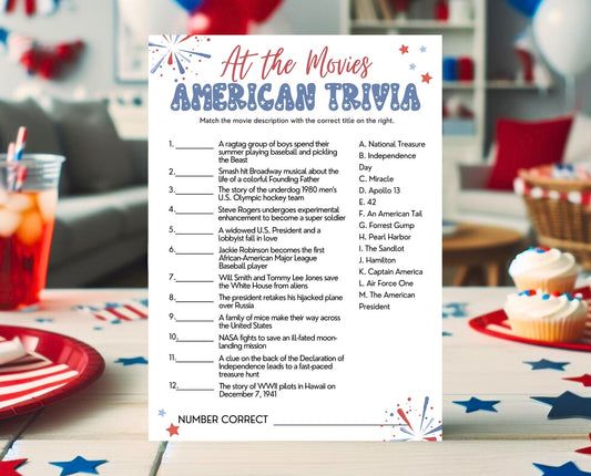 Printable 4th of July At The Movies Game, July 4th Games, Independence Day Games, Patriotic Games, 4th of July Party Games