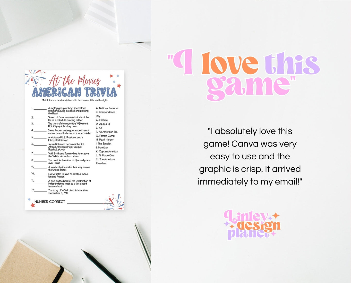 Printable 4th of July At The Movies Game, July 4th Games, Independence Day Games, Patriotic Games, 4th of July Party Games