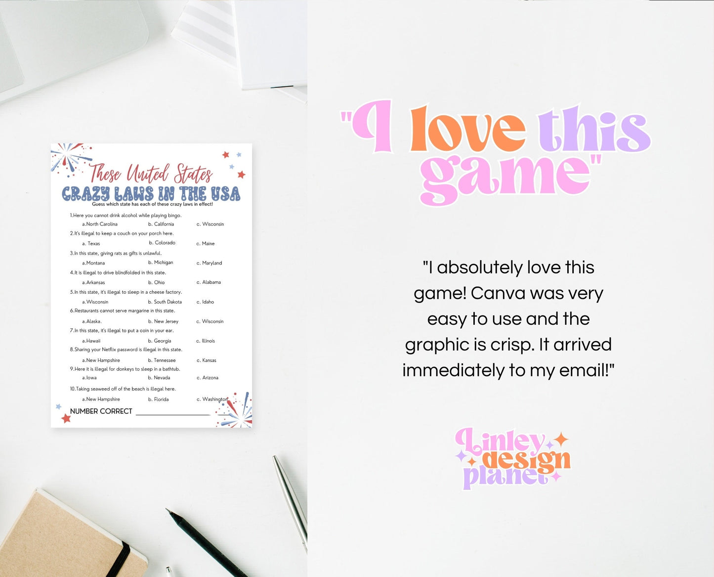 Printable 4th of July Crazy USA Laws Game, July 4th Games, Independence Day Games, Patriotic Games, 4th of July Party Games