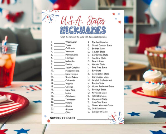 Printable 4th of July USA States Nicknames Game, July 4th Games, Independence Day Games, Patriotic Games, 4th of July Party Games, Editable