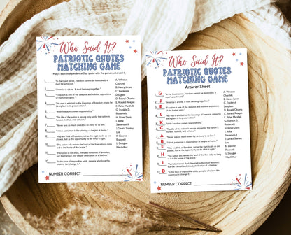 Printable 4th of July Patriotic Quotes Matching Game, July 4th Games, Independence Day Games, Patriotic Games, 4th of July Party Games