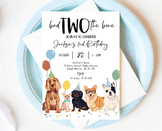 Editable Boy Dog 2nd Birthday Invitation, Puppy Birthday Invitation, Boy Dog Birthday, Puppy 2nd Birthday, Animal Vet Birthday Party, BDBP01