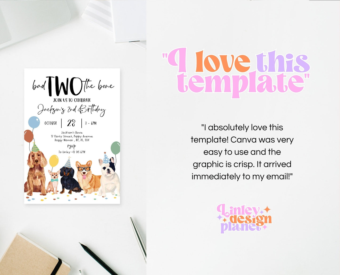 Editable Boy Dog 2nd Birthday Invitation, Puppy Birthday Invitation, Boy Dog Birthday, Puppy 2nd Birthday, Animal Vet Birthday Party, BDBP01