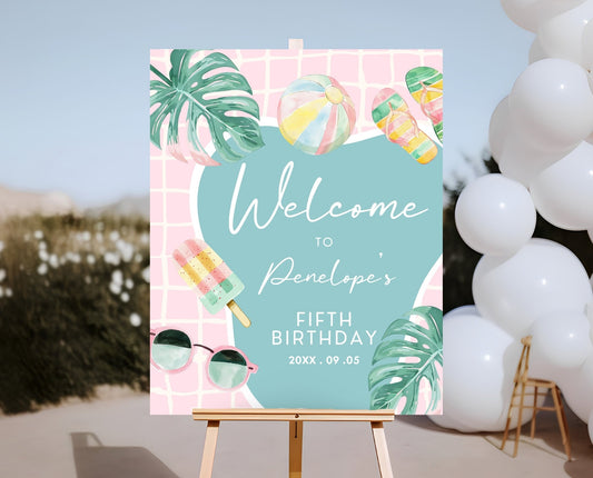 Editable Pool Party Welcome Sign, Girl Pool Birthday Party, Pastel Pool Welcome Pooster, Summer Birthday, Swimming Party, Printable, BPBP01