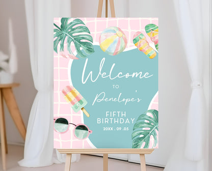 Editable Pool Party Welcome Sign, Girl Pool Birthday Party, Pastel Pool Welcome Pooster, Summer Birthday, Swimming Party, Printable, BPBP01